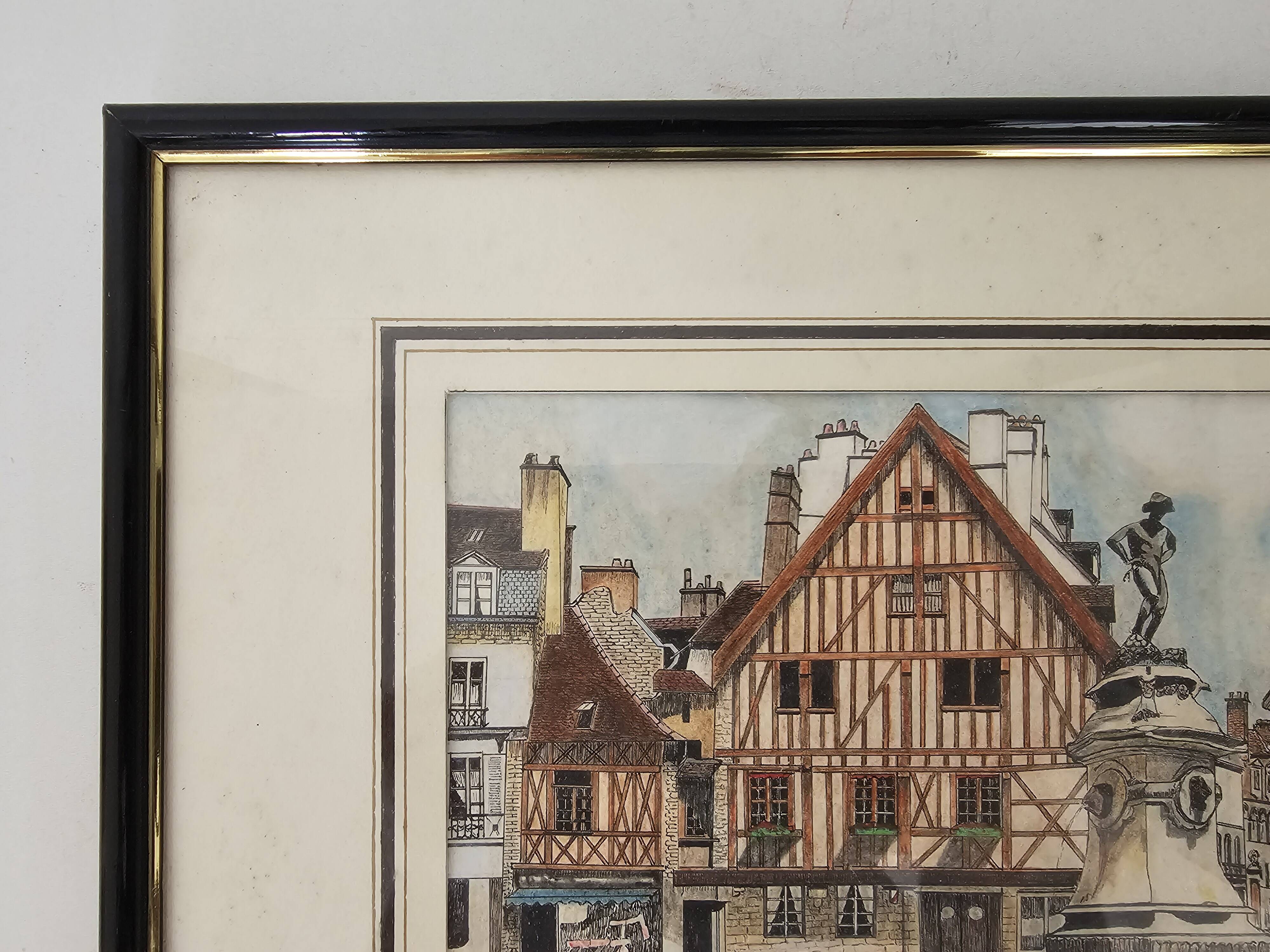 Tableau Ink and pastel - Dijon Place François-Rude - E Poinet