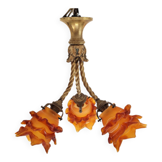 chandelier in Rococo style made of gilded bronze with 3 branches and tulips