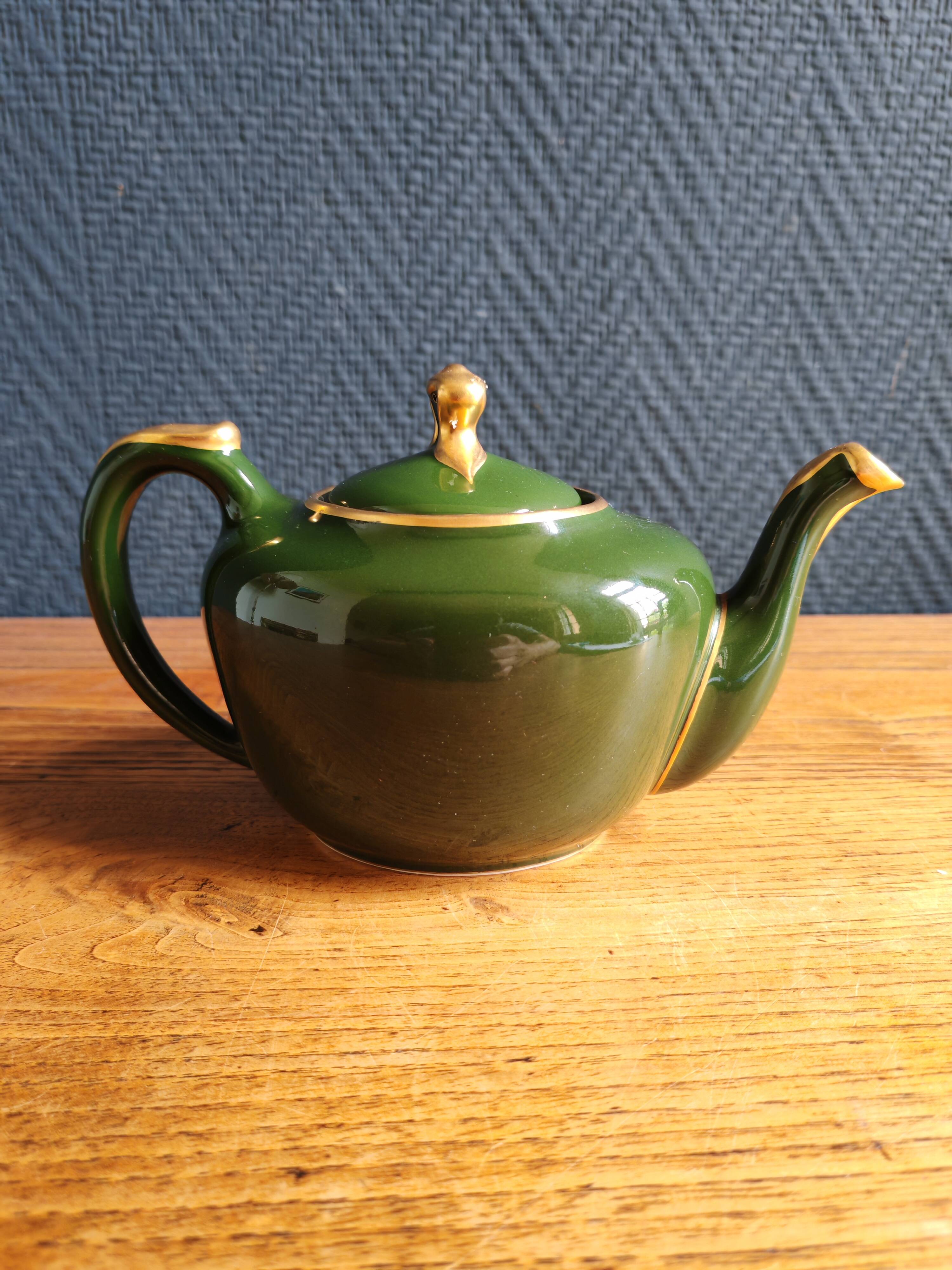 Vintage Teapot Mehun France Numbered, Green and Gold Porcelain