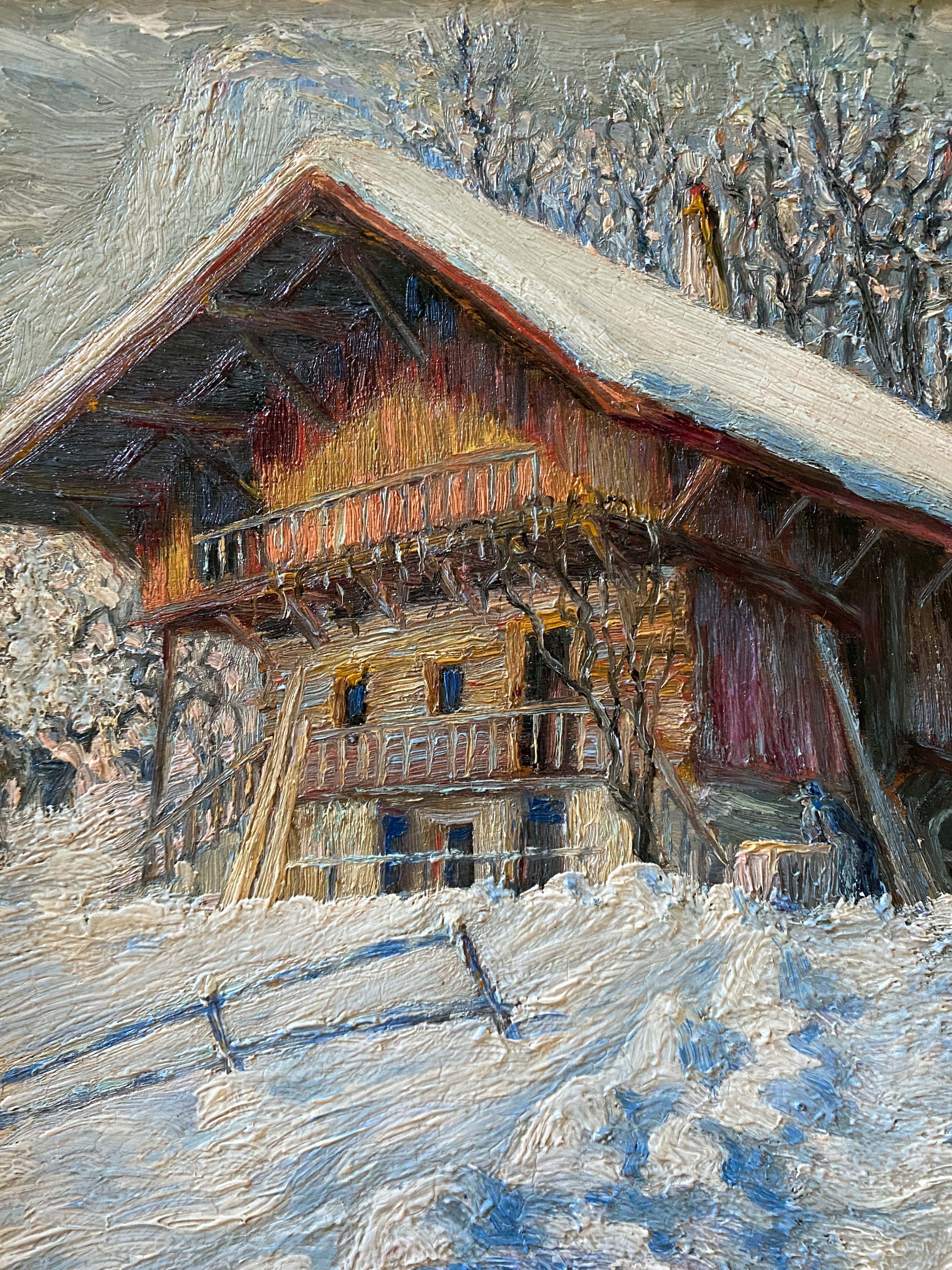 HSP painting "winter landscape - snowy chalet" signed G. Cibiale + frame