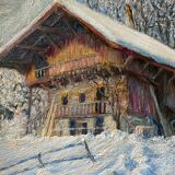 HSP painting "winter landscape - snowy chalet" signed G. Cibiale + frame