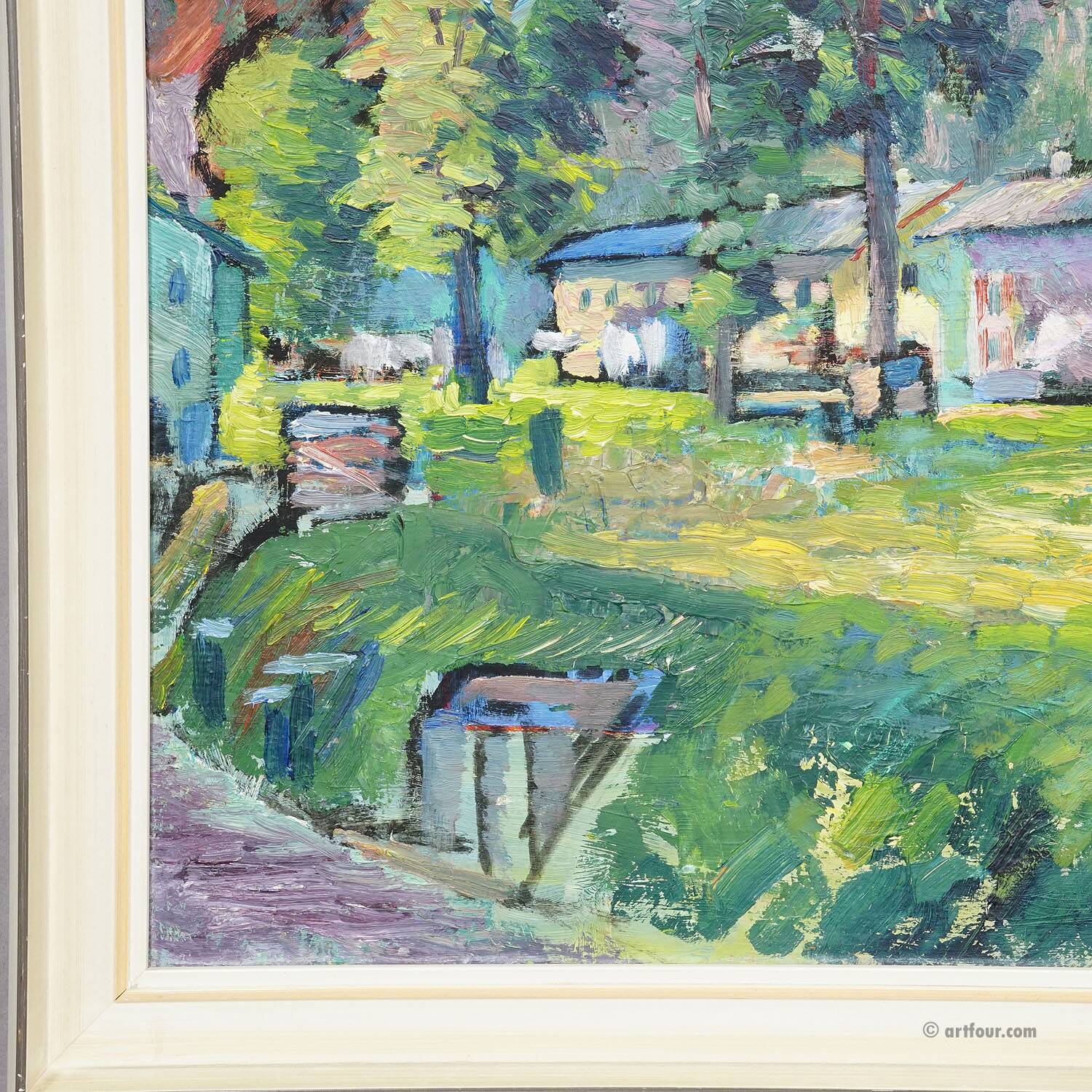 Impressionist painting of a garden with buildings in the background.