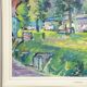 Impressionist painting of a garden with buildings in the background.