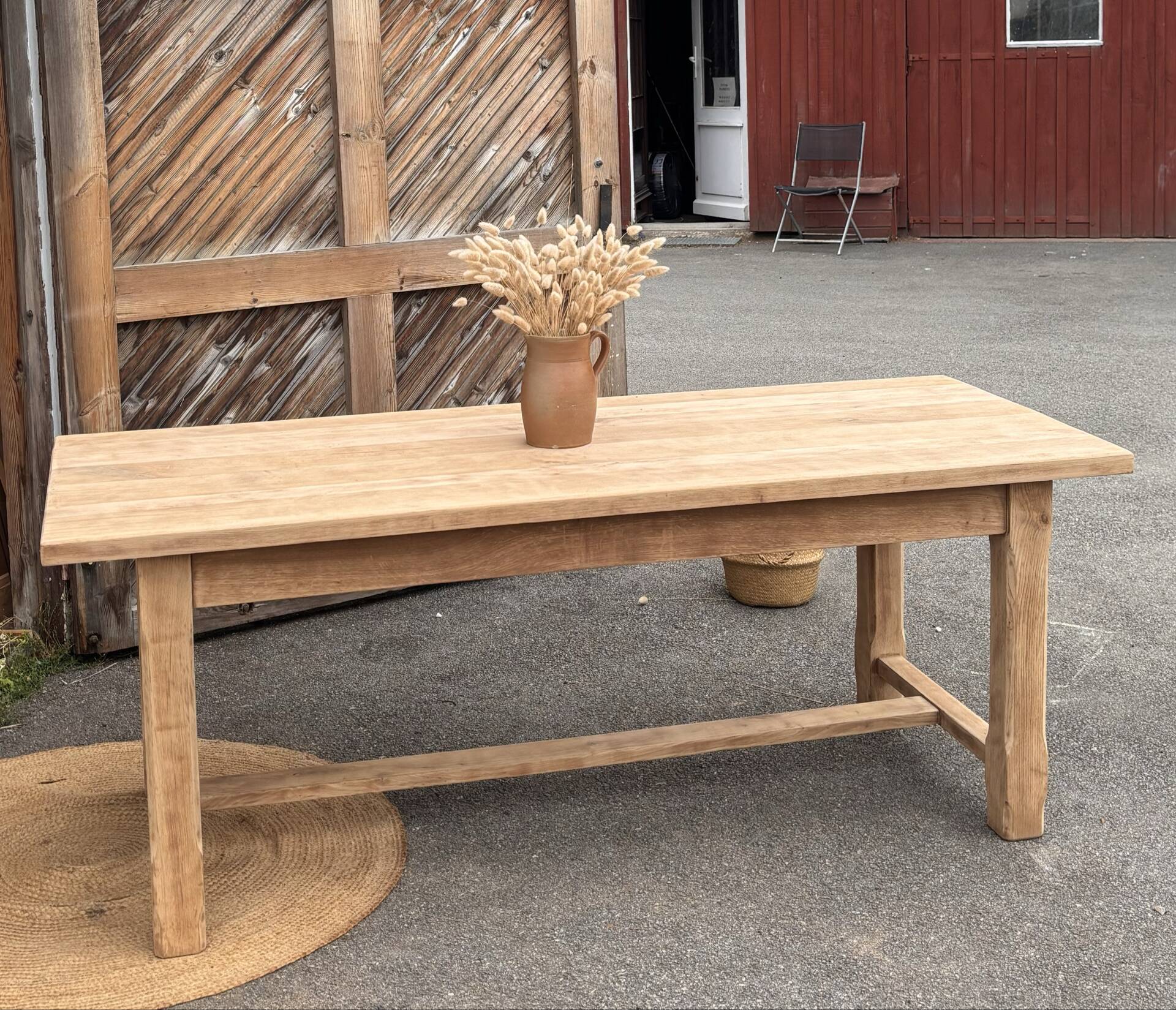 Large antique farmhouse table in raw solid oak.