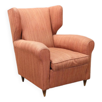 Vintage bergère armchair in wood and fabric, Italy, 1950s-1960s