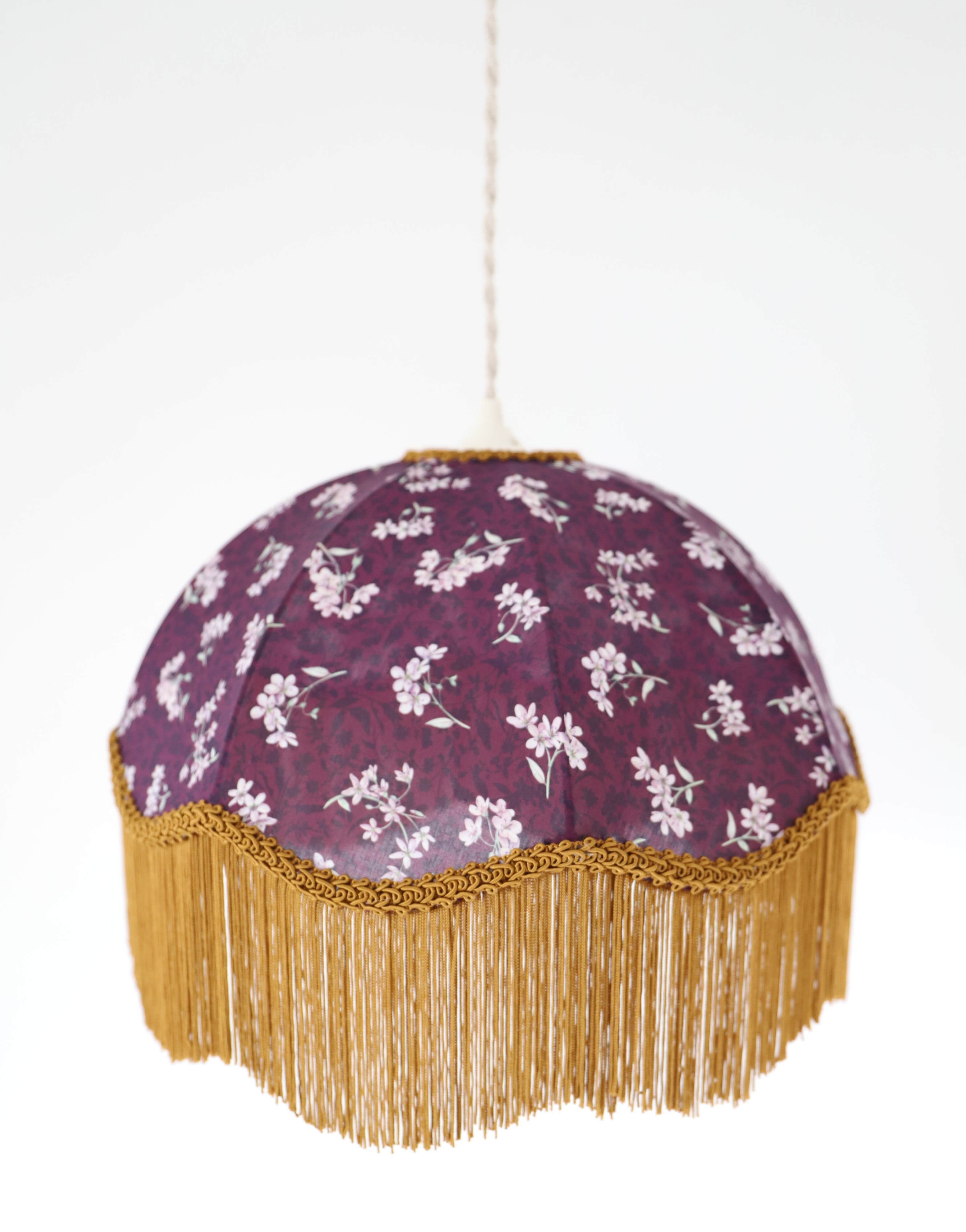 60s-70s pendant light, liberty print umbrella with fringes