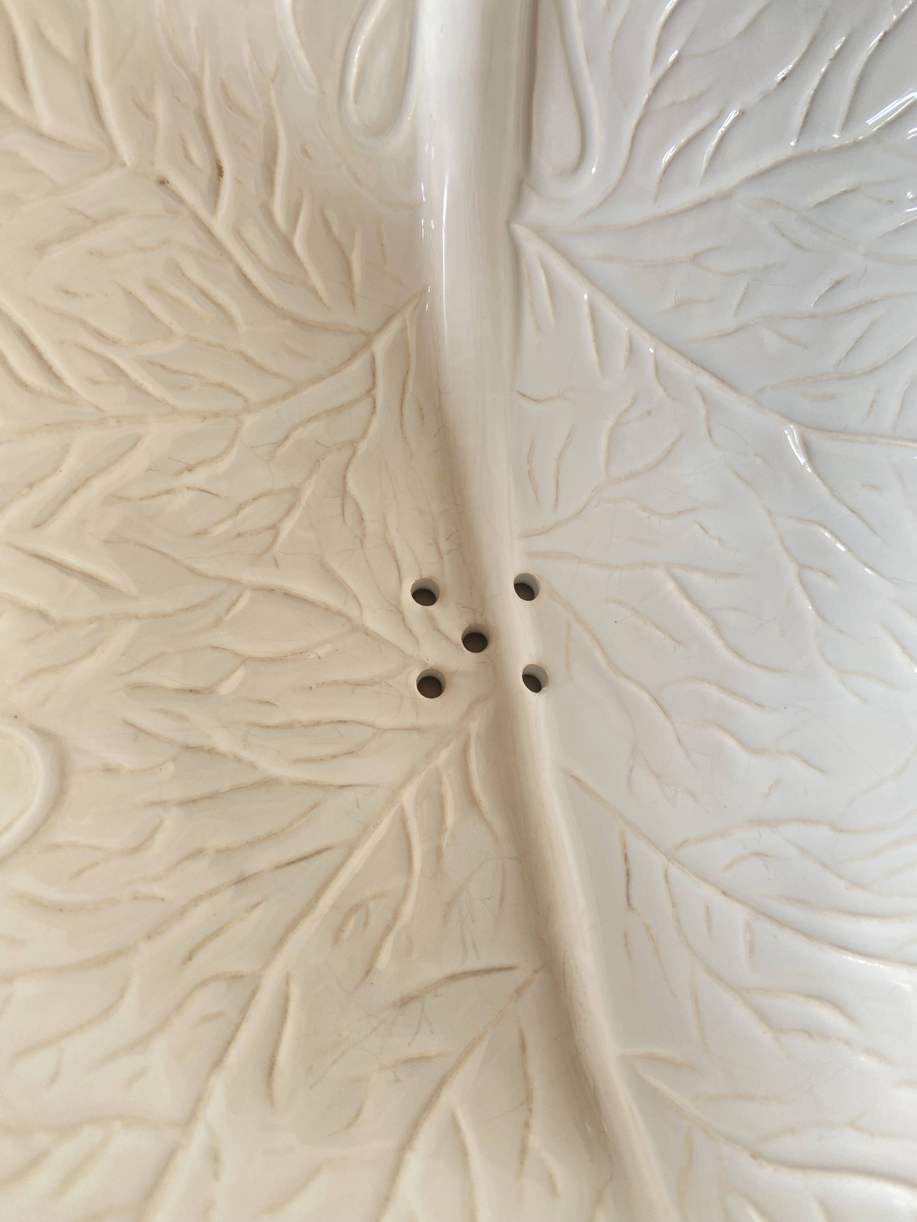 Barbotine Fruit Drainer And Its Plate In The Shape Of A White Cabbage Leaf