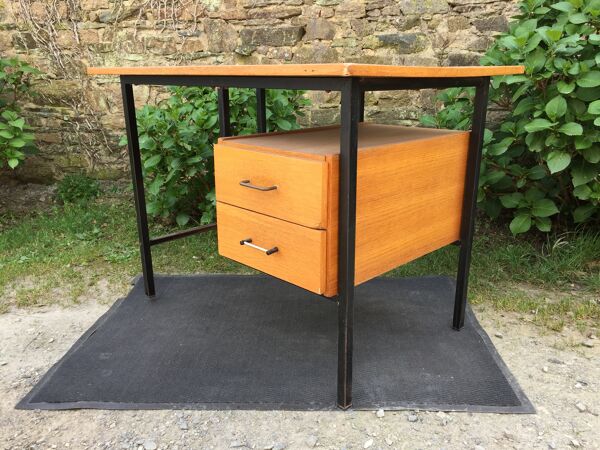 Bureau moderniste vintage en chêne et piétement tubulaire métallique