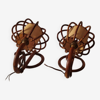 Pair of rattan and bamboo wall lights by Louis Sognot 1960