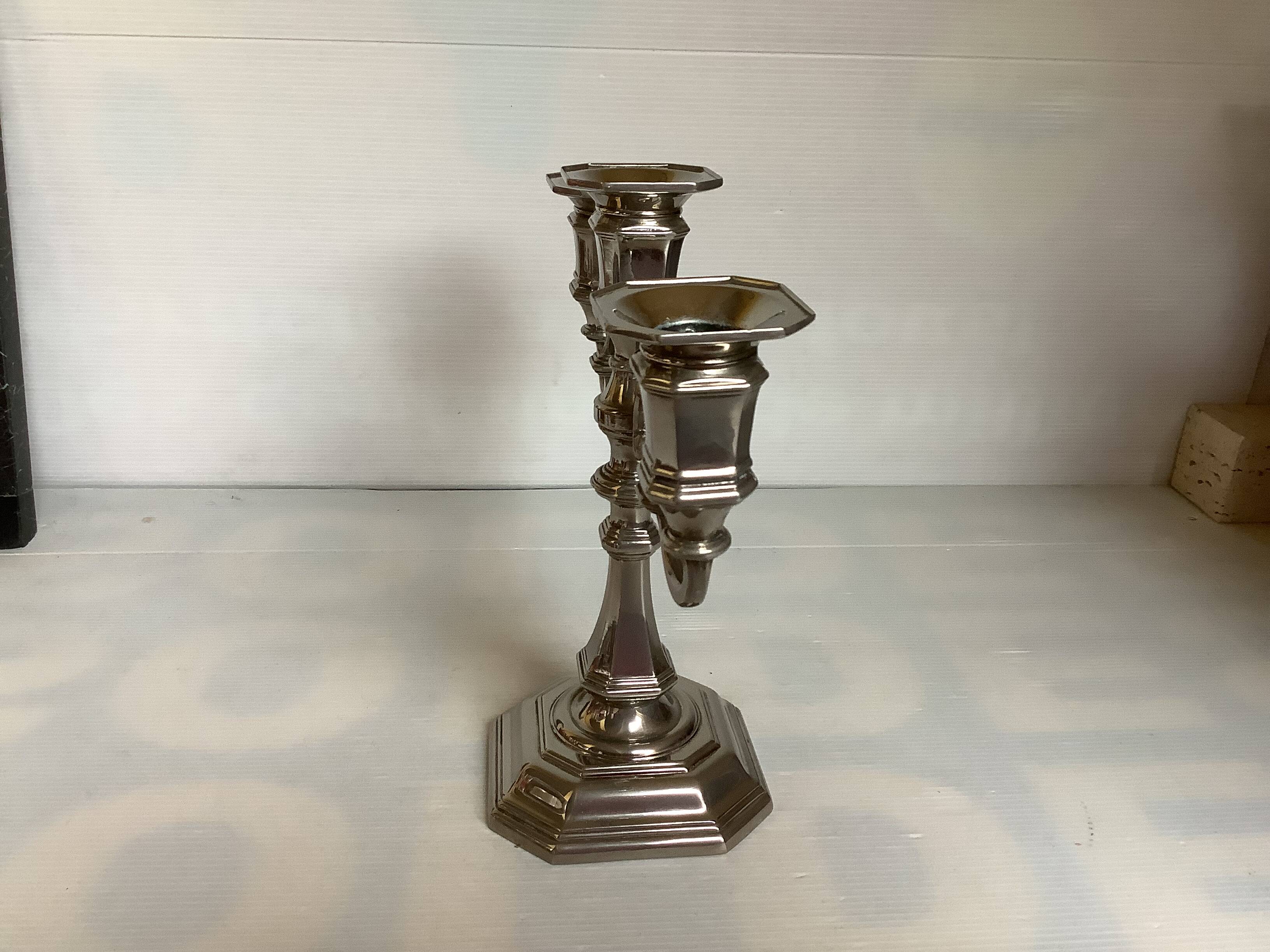 Large silver-plated metal three-light candlestick