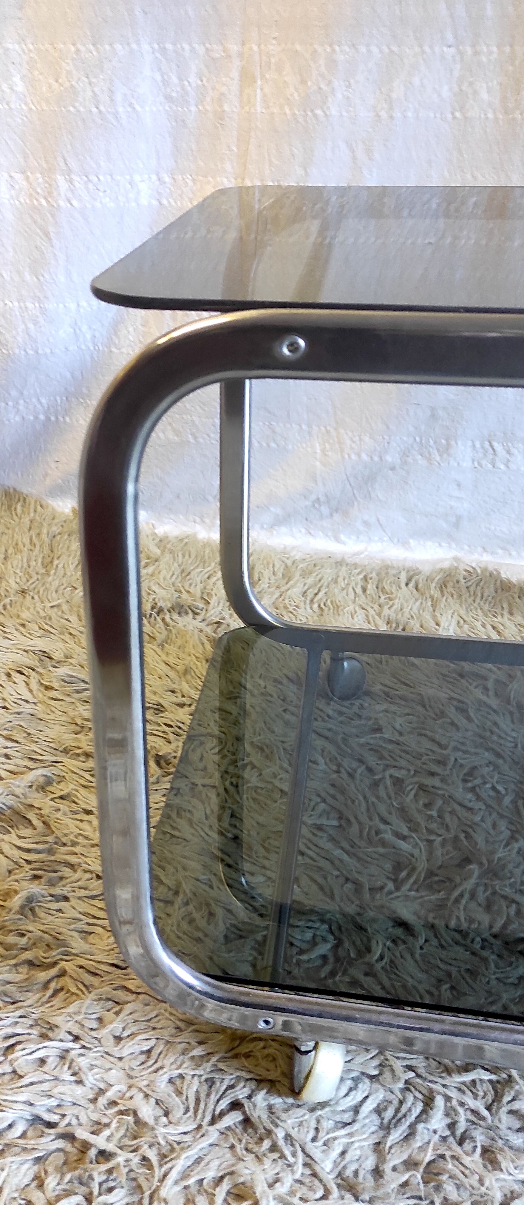 Side table in chromed metal and smoked glass, 60s-70s