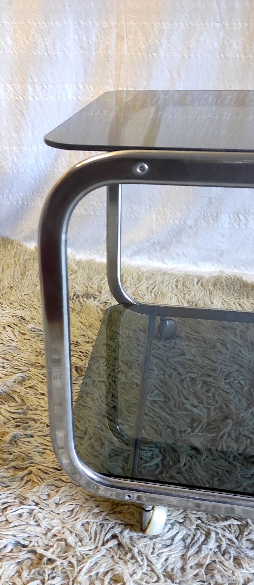 Side table in chromed metal and smoked glass, 60s-70s