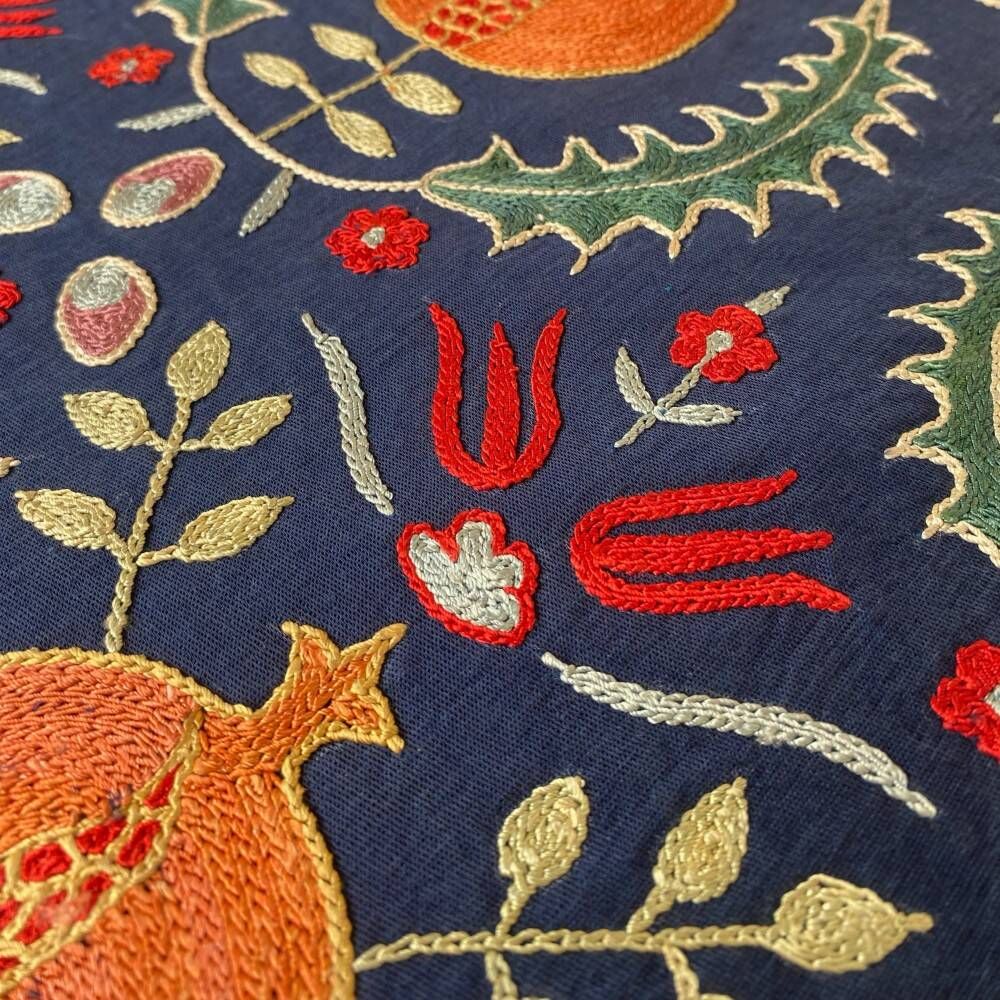 Silk Embroidered Pomegranate Design Cushion Cover. Navy Blue Throw Pillow Case. Traditional Accent Pillow