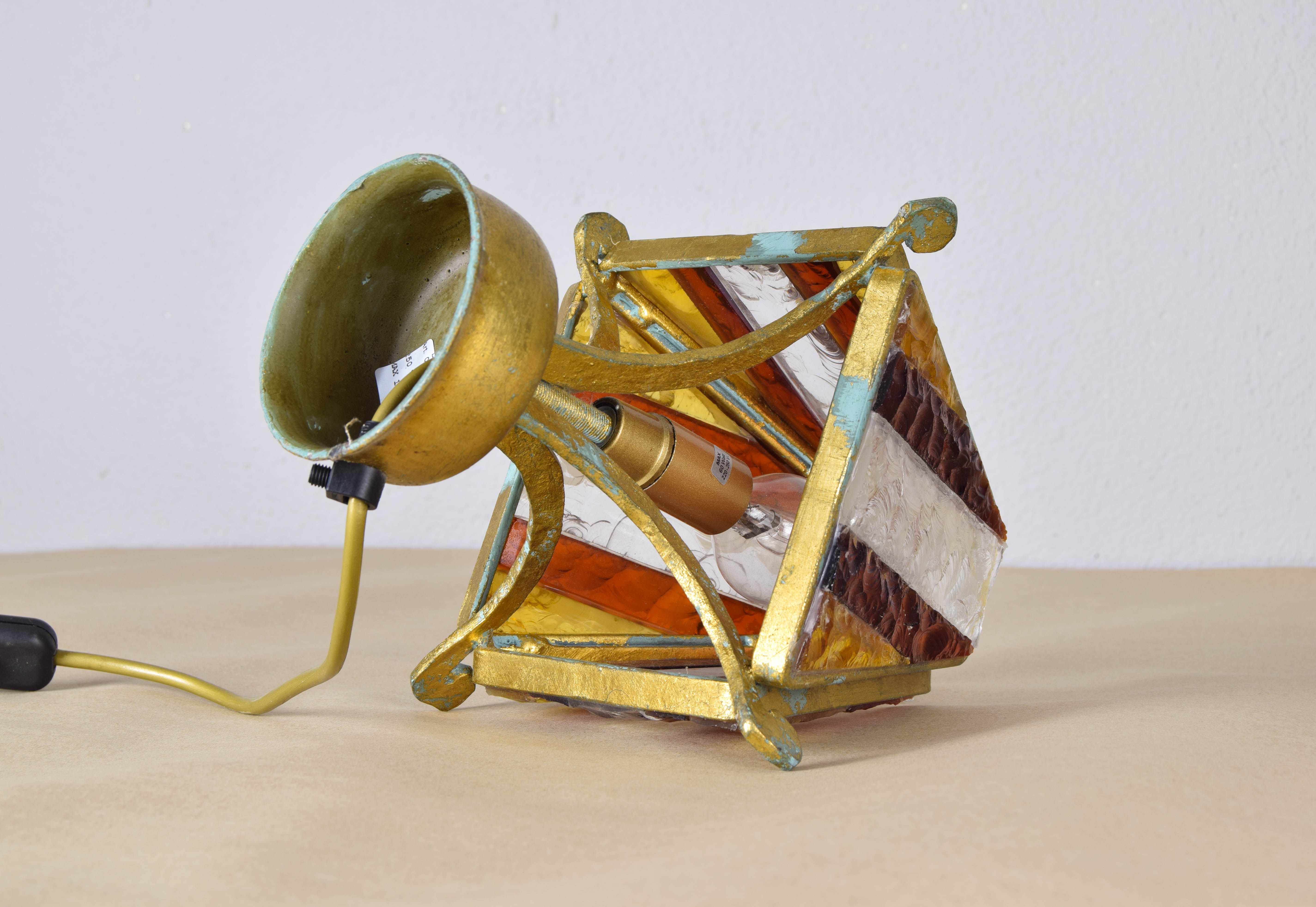Brutalist table lamp in metal and hammered murano by longobard italy