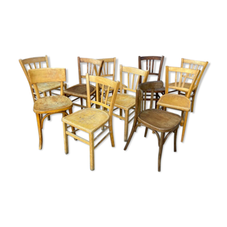 Set of 10 mismatched bistro chairs 1960 curved wood brasserie