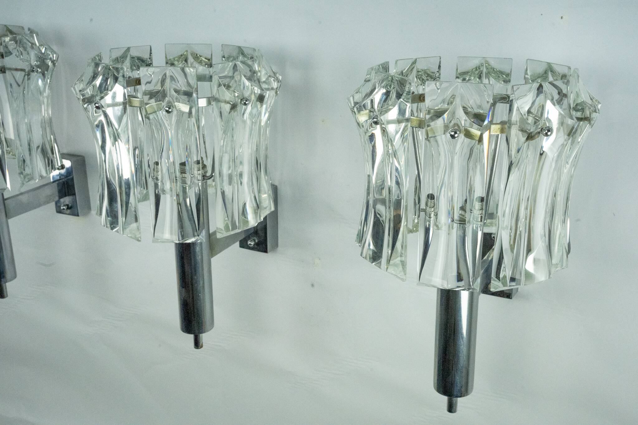 Set of four large Murano glass elements and chromed brass sconces, Italy 60