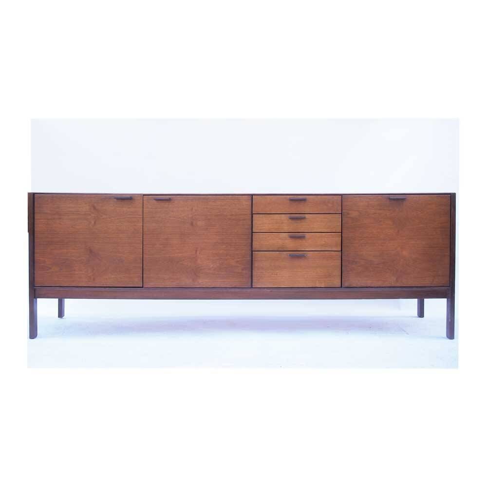Long Scandinavian vintage teak and leather sideboard