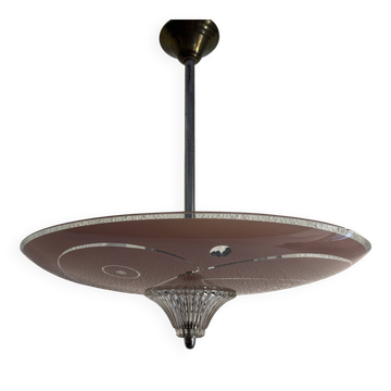 Suspension vintage 1950 coupole verre rose plafonnier - 39 x 40 cm