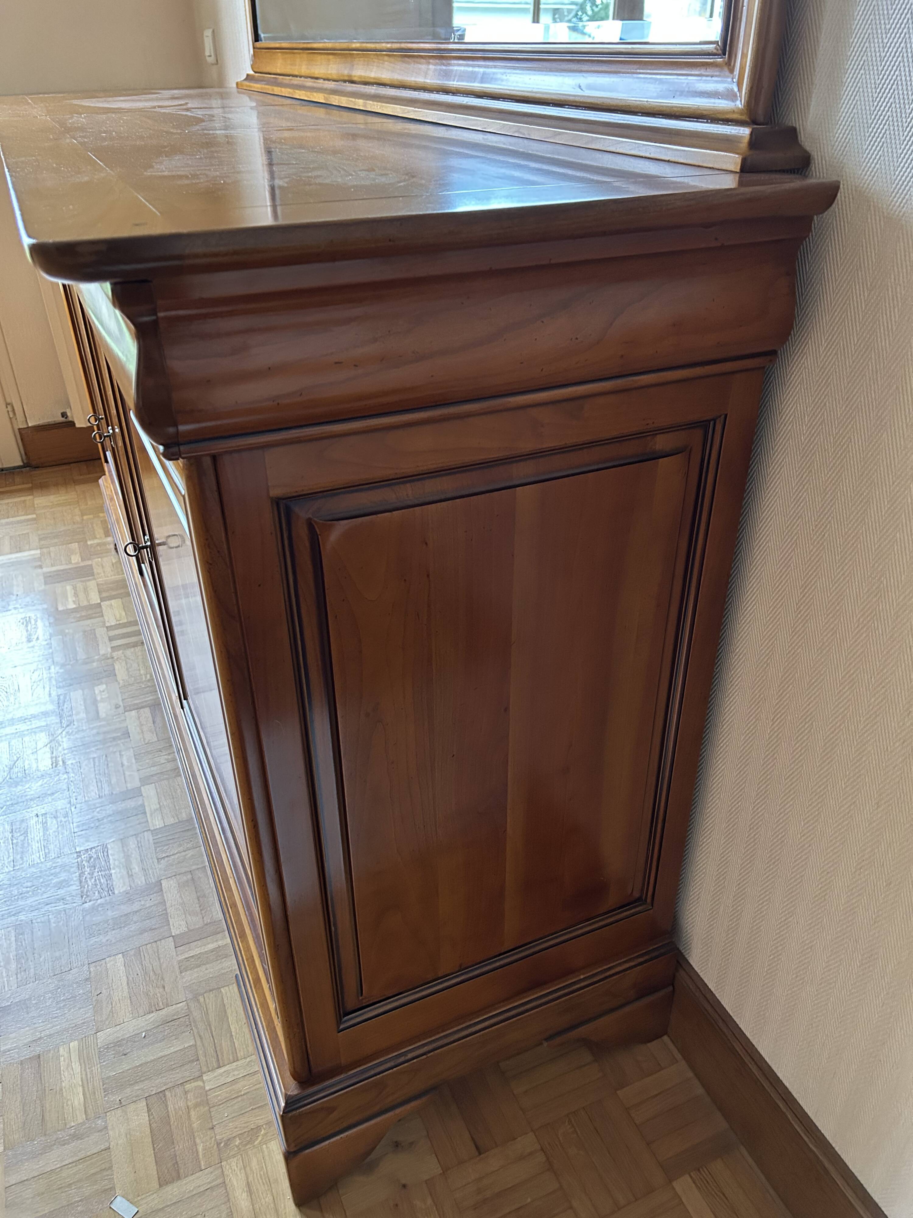 Solid cherry wood buffet Louis Philippe with 3 doors, 3 drawers + its mirror.