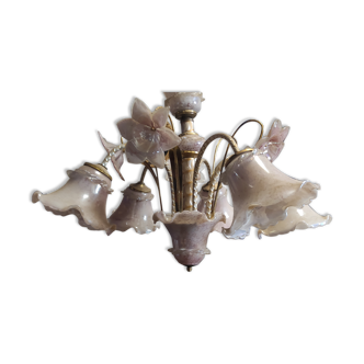 Lustre 5 lumière en verre de Murano rose et doré
