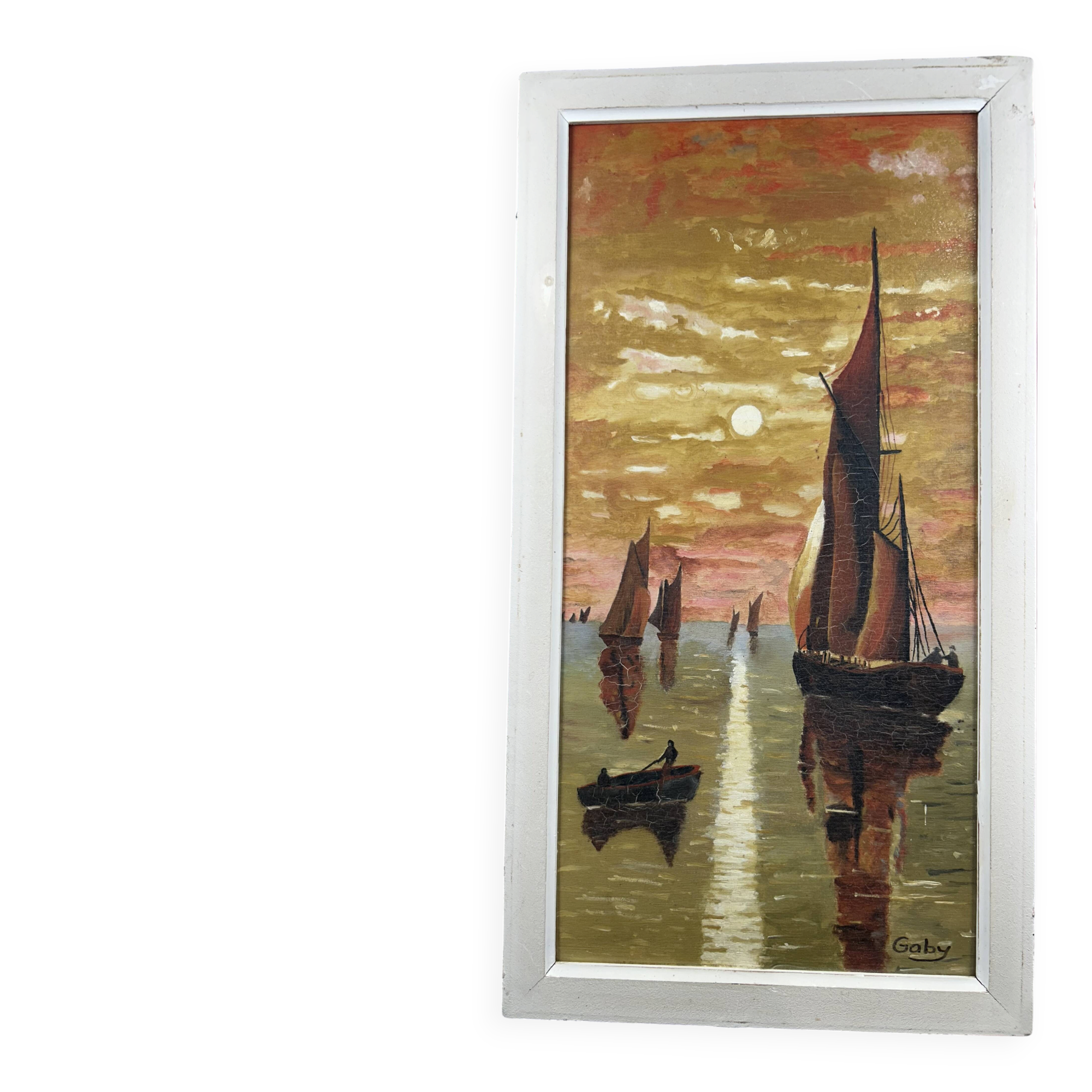 huile sur panneau, Marine animée sous soleil couchant, Signé Gaby