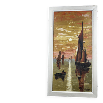 oil on panel, Animated marine scene under sunset, Signed Gaby