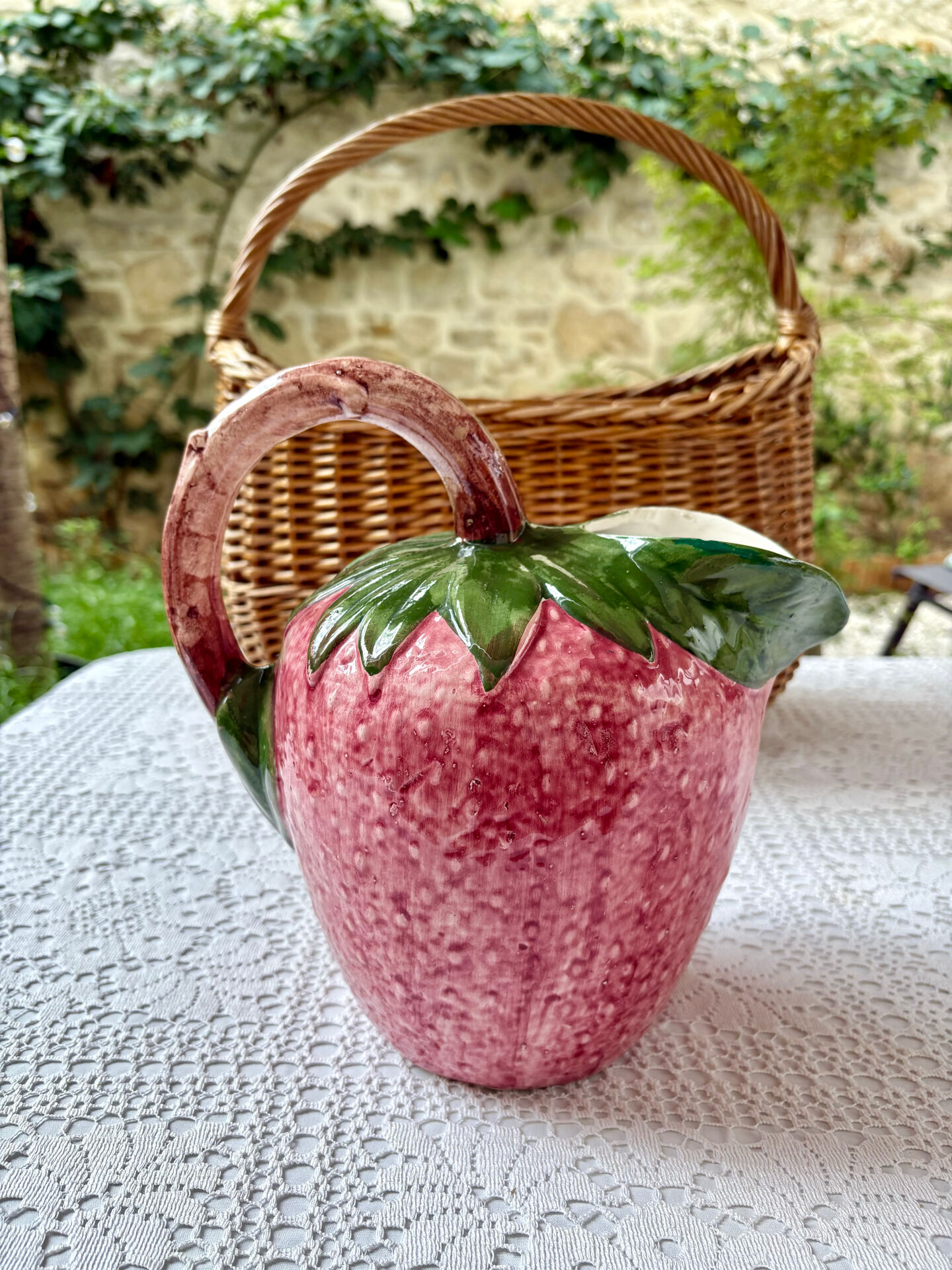 Large strawberry barbotine jug Bassano Italy