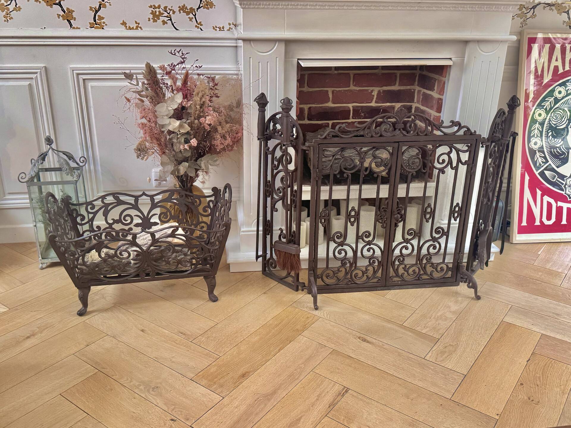 Wrought iron fire screen set with log basket, accessories.