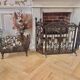 Wrought iron fire screen set with log basket, accessories.