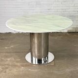 Italian dining table with white marble top and chrome cylindrical base
