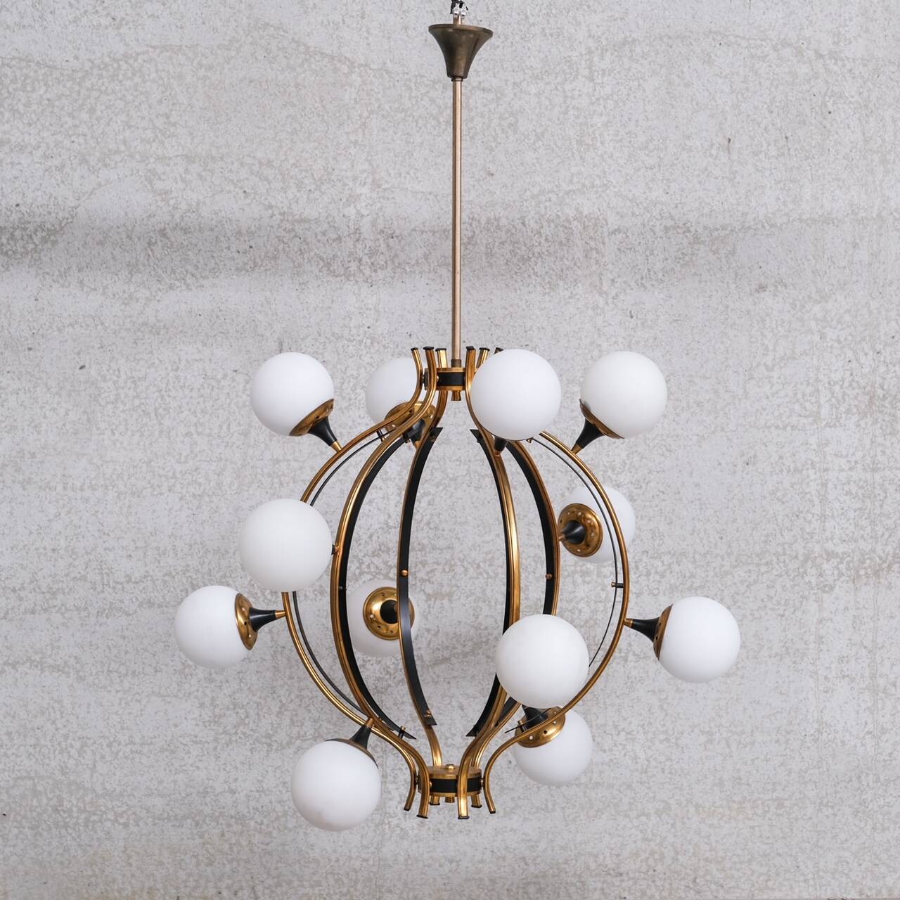 Stilnovo Mid-Century Italian Brass and Opaline Globe Chandelier