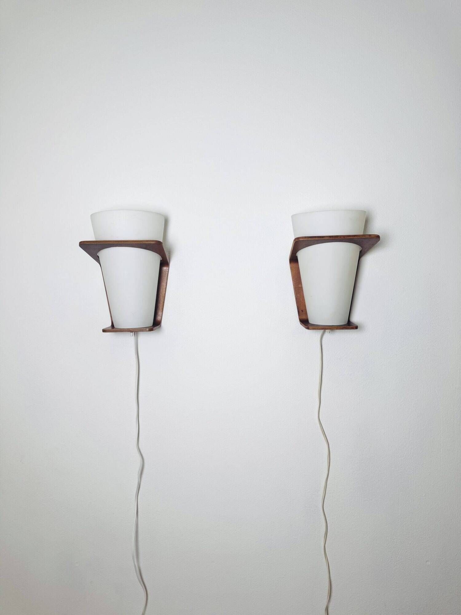 Nx41 Wood And Curved Glass Wall Lamps By Louis Kalff For Philips, The Netherlands 1950S
