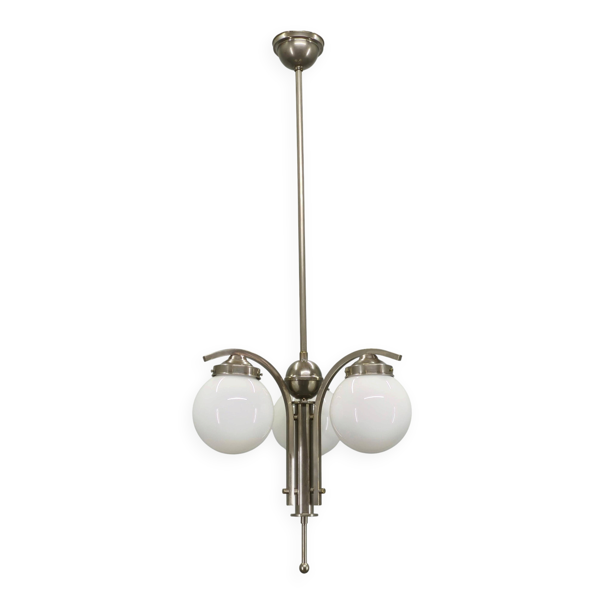 1930s Art Deco Nickel Chandelier With Opaline Glass Globes