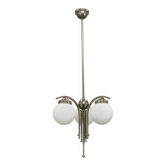1930s Art Deco Nickel Chandelier With Opaline Glass Globes