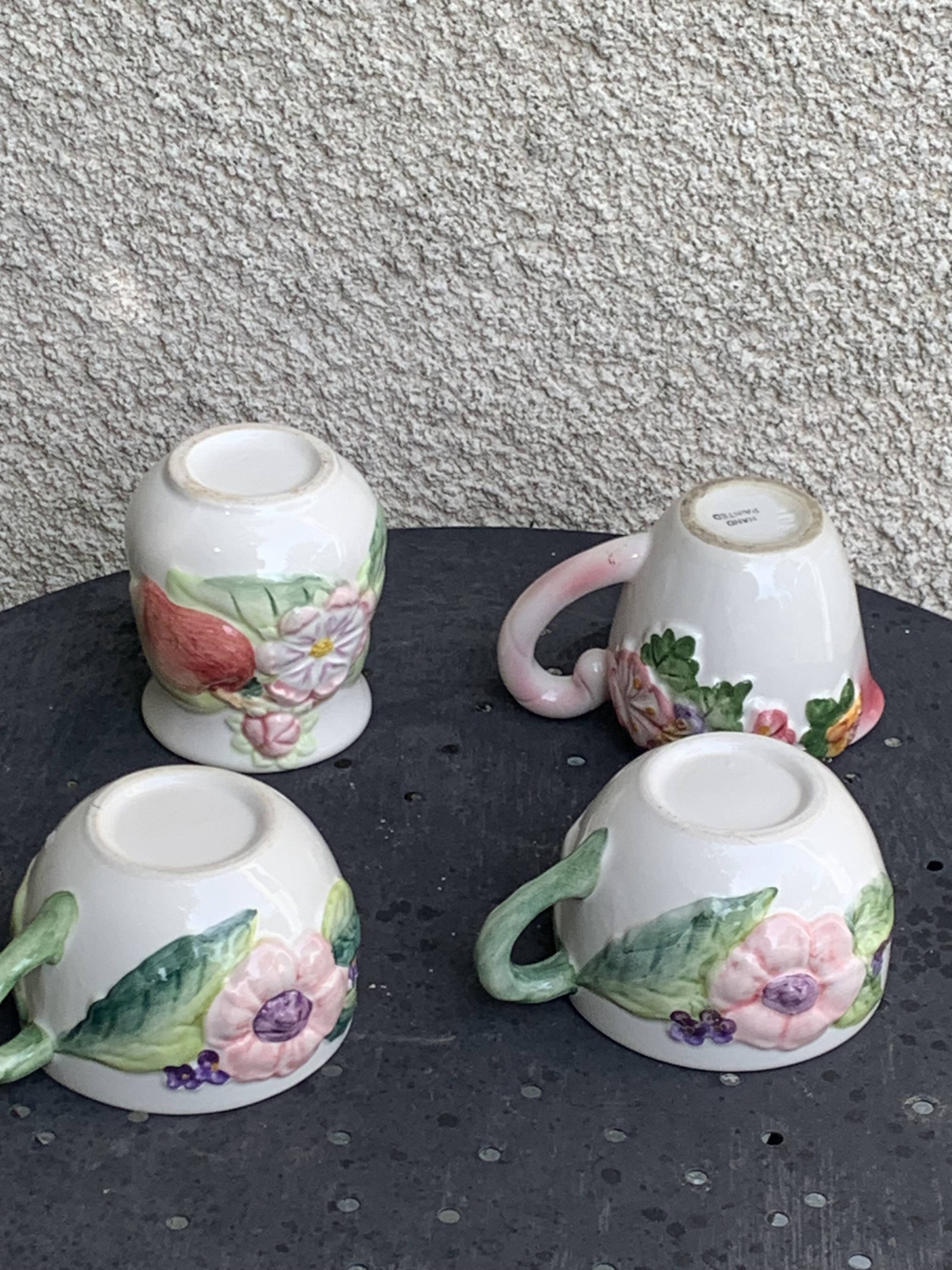 Lunch service in enameled ceramic, slip, white, pink and green, vintage