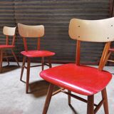 Set of 4 red wooden chairs published by Ton, 60s