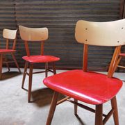 Set of 4 red wooden chairs published by Ton, 60s