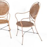 Pair of rattan and iron armchairs