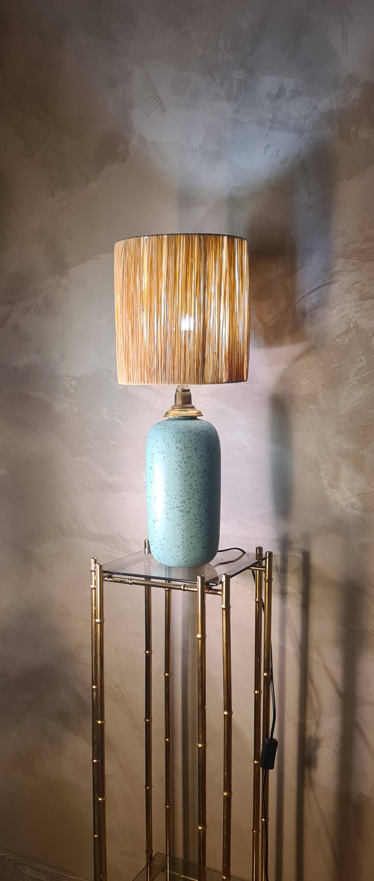 70s style lamp blue green ceramic 40x13 and raffia lampshade H total 57x23 elec ok