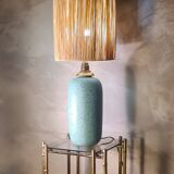 lampe style 70s ceramique bleu vert 40x13 et abat jour  en rafia  H total 57x23  elec ok