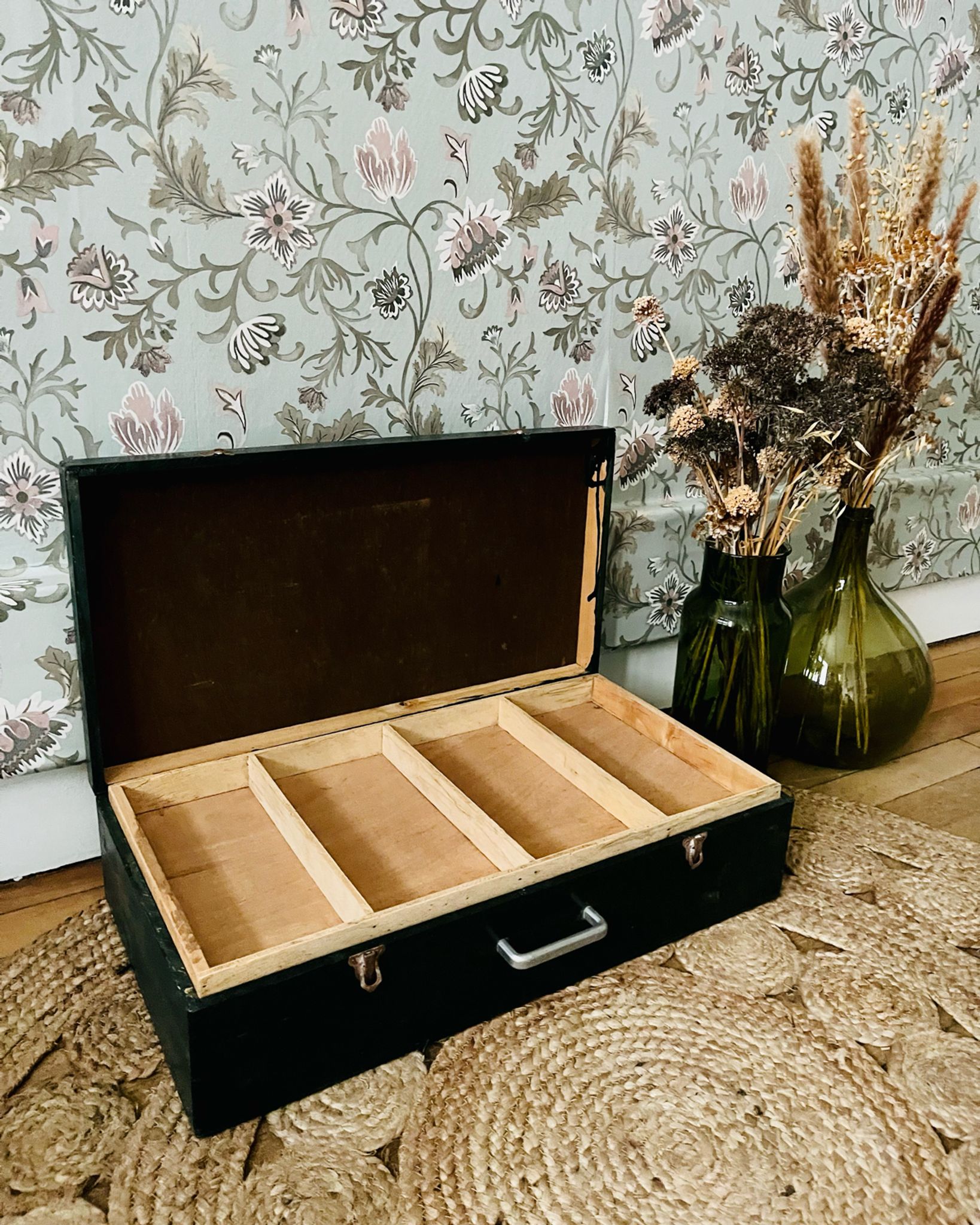 Vintage painter's chest in dark green wood