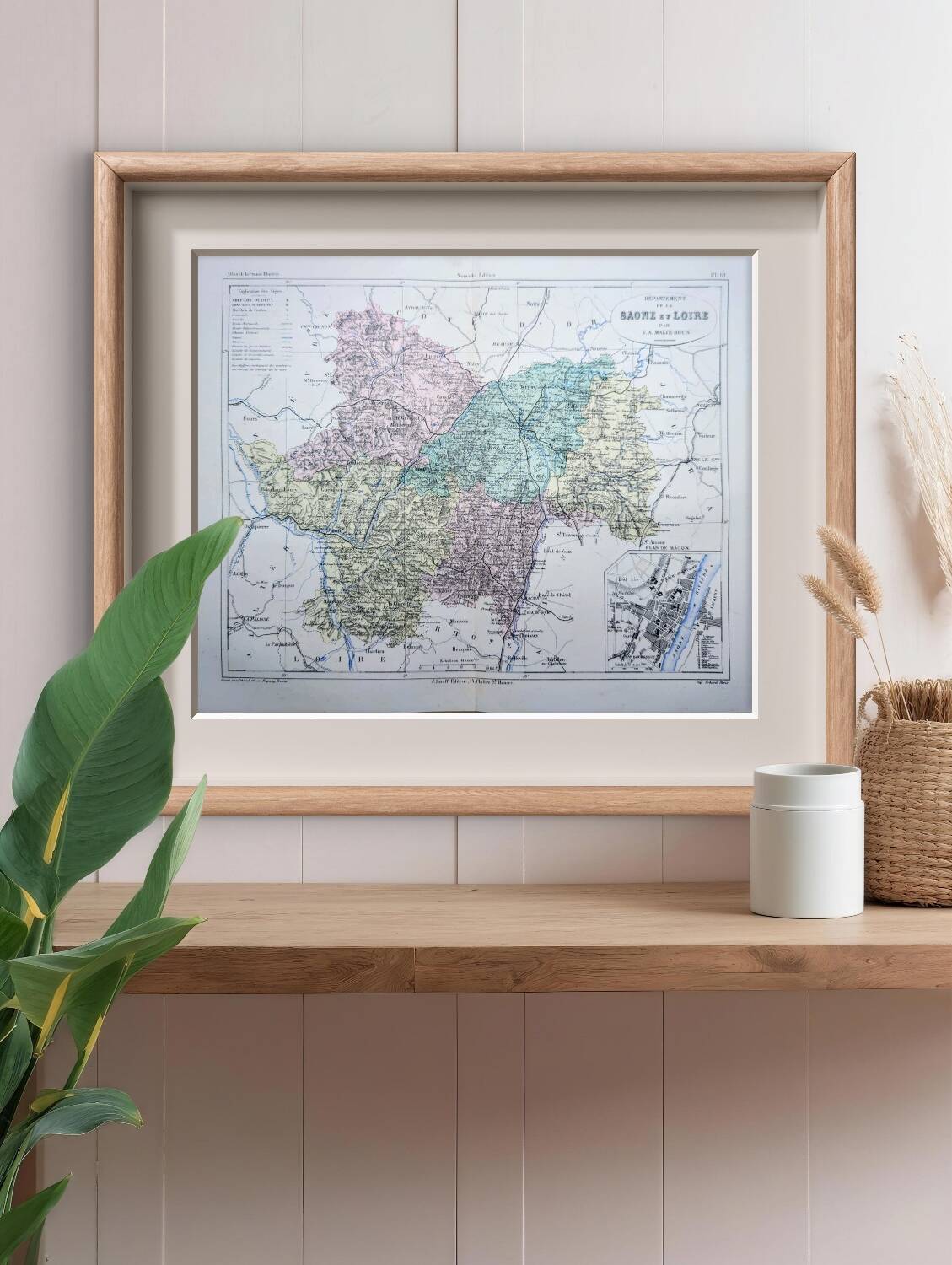 Saône-et-Loire, old map, printed in 1883.