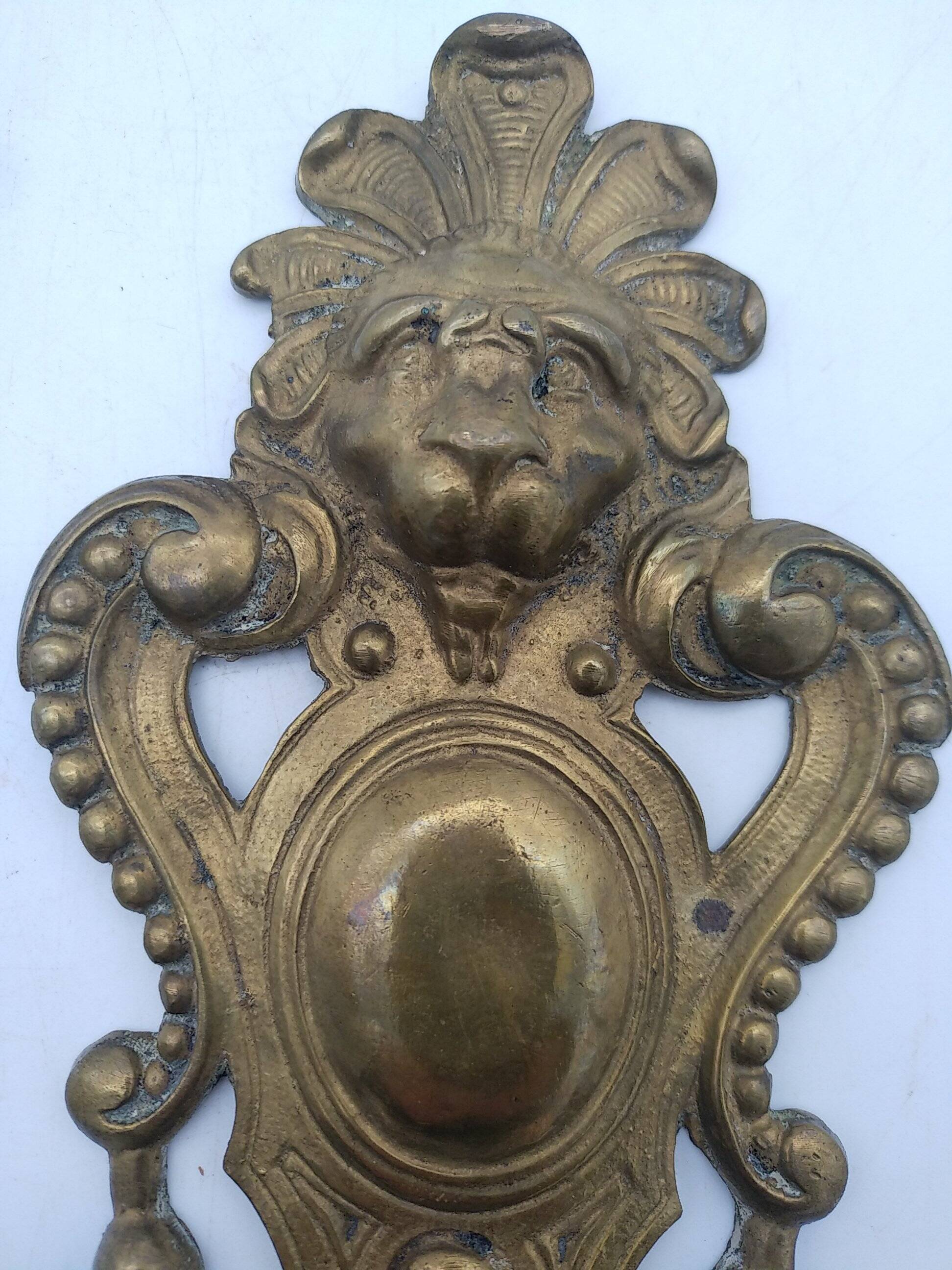 Brass lion head. Furniture decoration, leftover knocker or large nail cover?