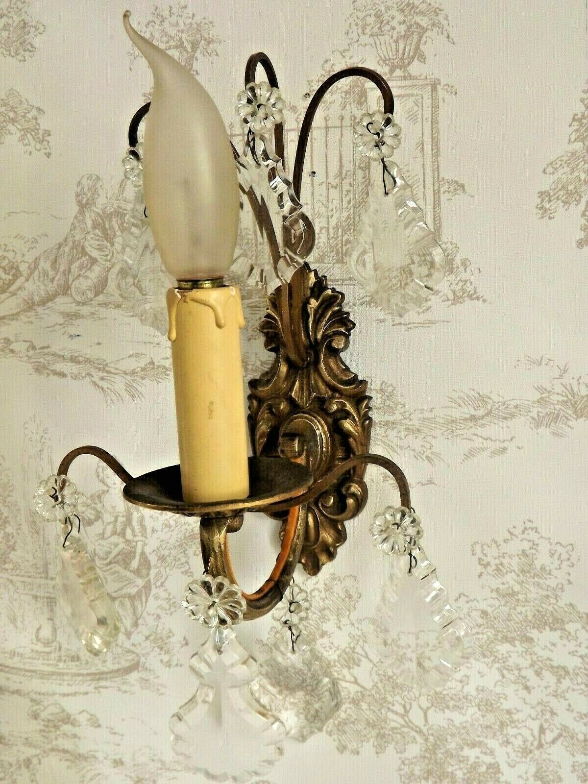 Pair vintage french ornate single wall lights with crystal drops 3138