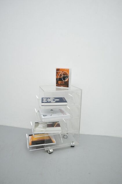 Acrylic rolling table with four drawers, Spage Age 1970s