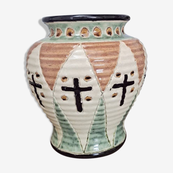 Enamelled ceramic vase with geometric patterns and crosses