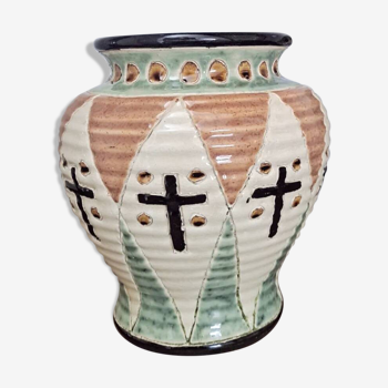 Vase en céramique émaillée motifs géométriques et croix
