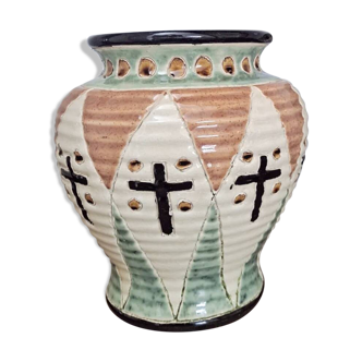Enamelled ceramic vase with geometric patterns and crosses