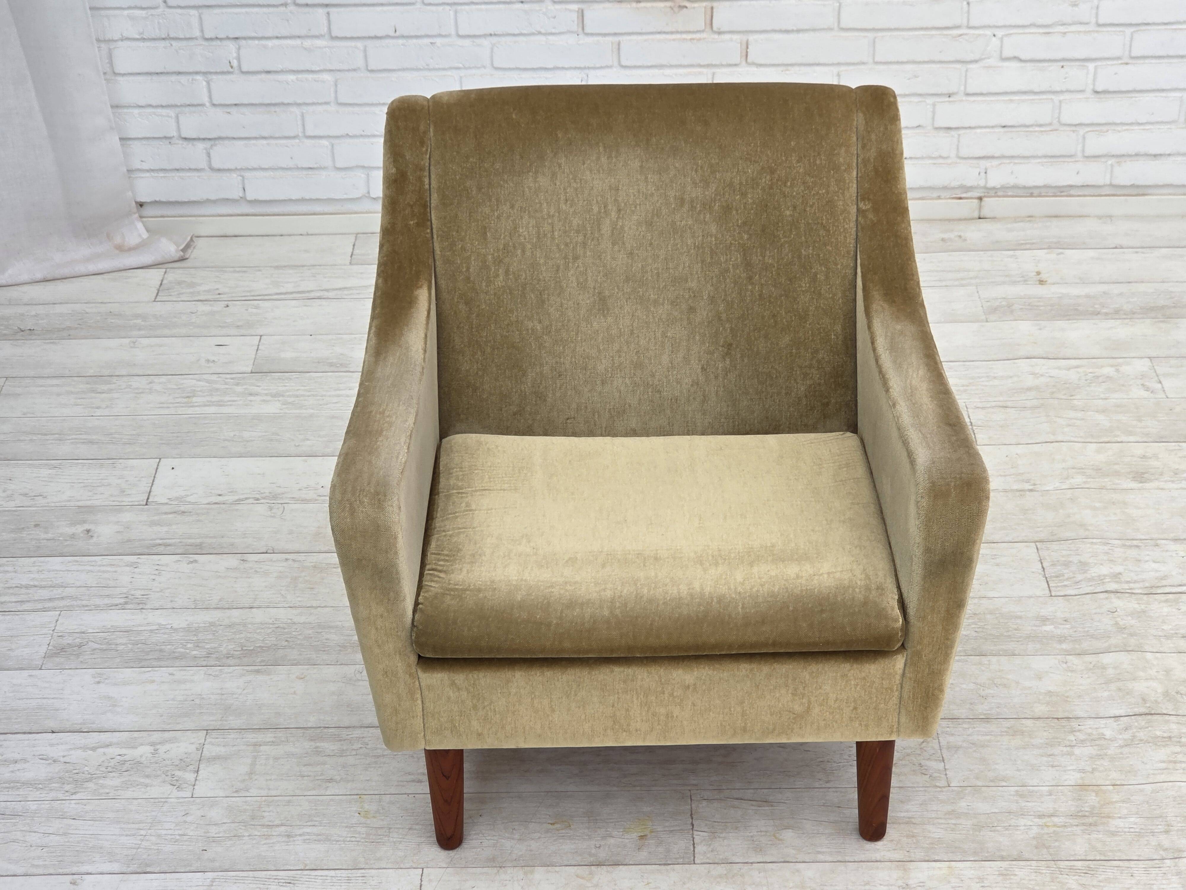 1970s, Danish armchair, original green furniture velour, teak wood legs.