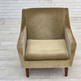 1970s, Danish armchair, original green furniture velour, teak wood legs.